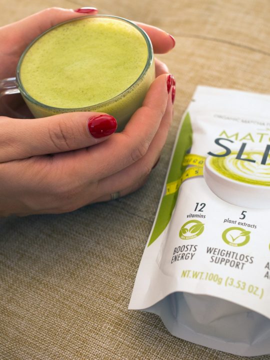 Close-up product image with bowl and green powder styling